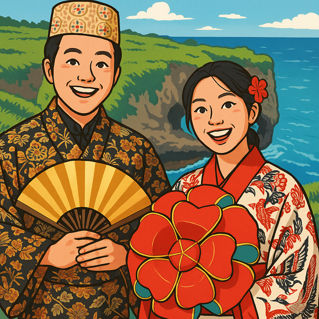 만좌모를 배경으로 류큐 전통의상을 입고 있는 모습 (출처 : AI 생성 이미지)