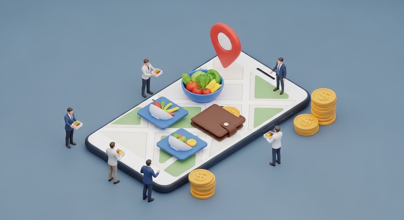 대형 휴대폰화면에 음식점표시가 있고 사람들이 주의에 서있다