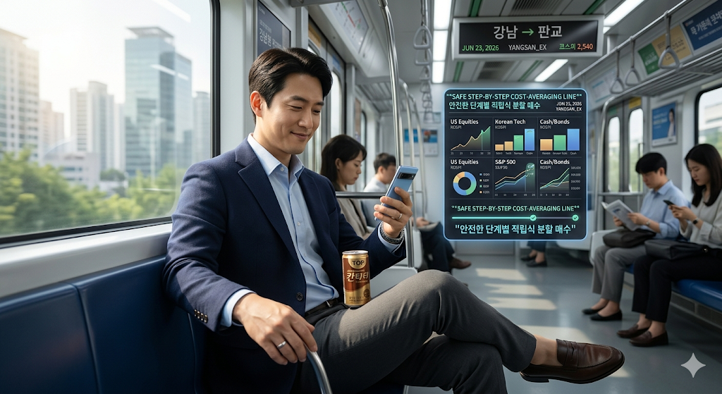 화요일 주말이 지난 아침 출근길 지하철 안, 따뜻한 캔커피를 손에 쥐고 스마트폰 화면 속 안전하게 설계된 우주항공 핵심 ETF 자산배분전략 레이더망과 10개년 우상향 마스터플랜 지표를 보며 든든한 미소를 짓는 스마트한 직장인 투자자의 일상 일러스트