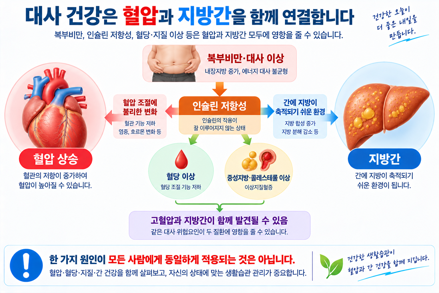 인슐린 저항성과 복부비만·혈당·지질 이상 및 혈압·지방간의 관계를 설명한 개념도