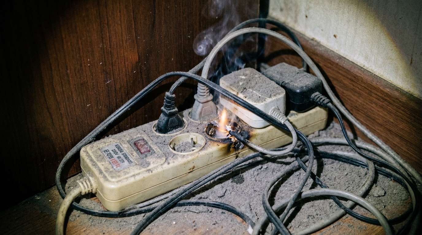 가구 뒤 먼지가 두껍게 쌓인 위험한 멀티탭과 콘센트 모습