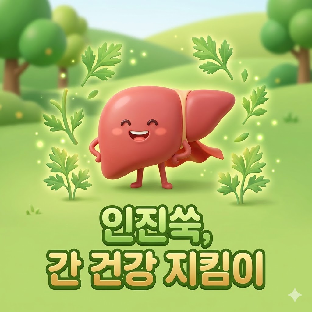간 건강을 지키는 인진쑥의 모습을 귀엽게 표현한 3D 카툰 일러스트.
