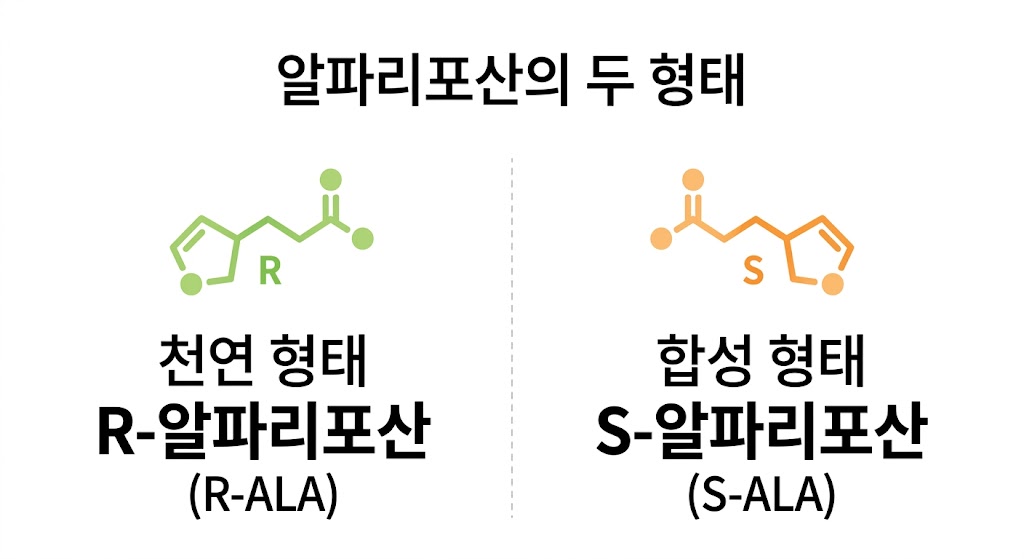 좌우 대칭인 알파리포산의 두 분자 구조를 비교한 플랫 디자인 이미지입니다. 왼쪽에는 초록색으로 표시된 천연 형태의 R-알파리포산 구조가 있고, 오른쪽에는 주황색으로 표시된 합성 형태의 S-알파리포산 구조가 거울을 보듯 마주 보고 배치되어 각 형태의 차이를 직관적으로 보여줍니다.