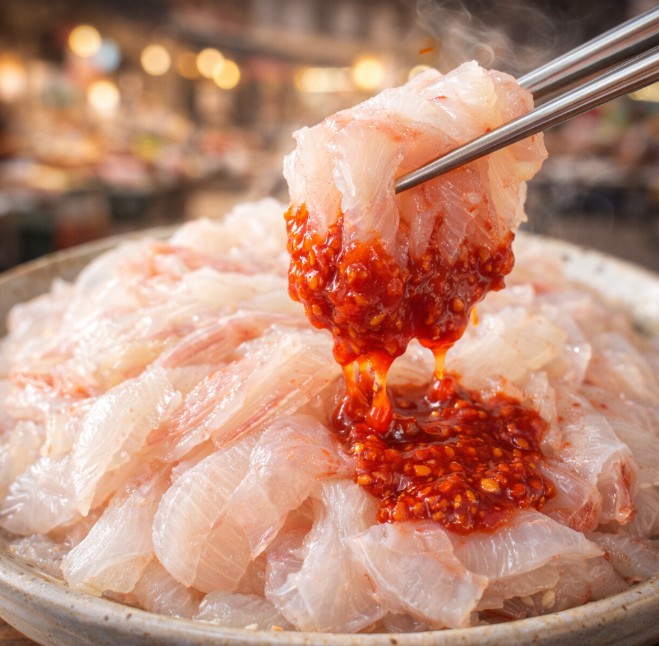 6시내고향 울산수암상가시장 가자미회를 초장에 찍은 모습