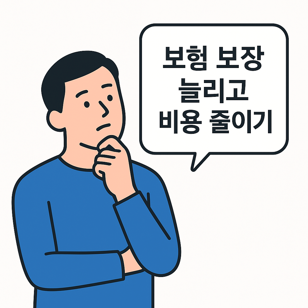 파란색 상의를 입은 남성이 턱을 괴고 고민하는 모습. 옆에는 말풍선 안에 ‘보험 보장 늘리고 비용 줄이기’라는 문구가 적혀 있다