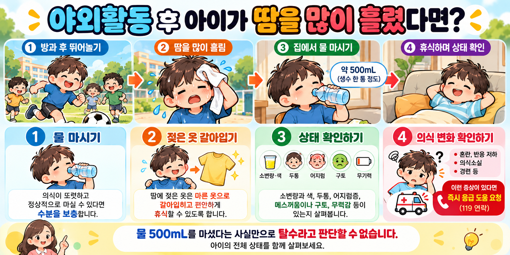 방과 후 땀을 많이 흘린 아이의 수분 보충과 탈수 및 열사병 위험 신호 확인 방법