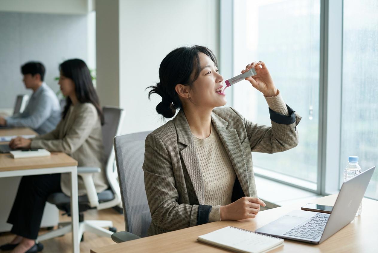 사무실에서 콜라겐 스틱을 간편하게 섭취하는 30대 여성의 자연스러운 모습