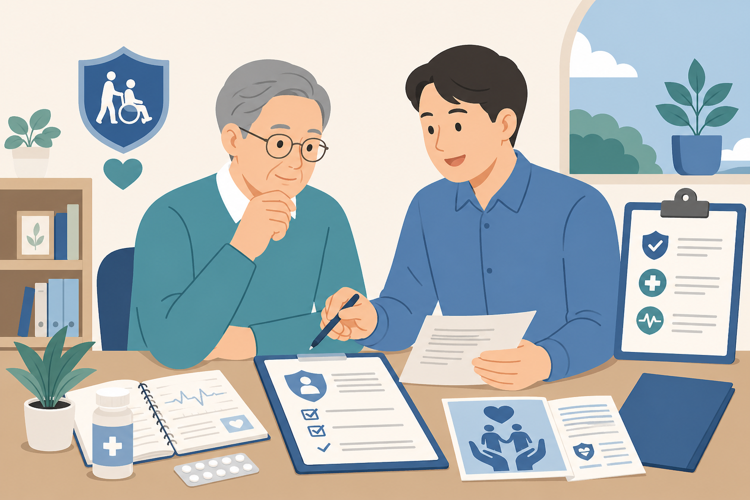 간병보험 가입나이 기준을 볼 때 60대 부모님이 서류와 상담 내용을 확인하며 가입 가능 조건을 판단하는 장면을 설명한 이미지