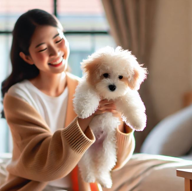 여성 보호자 양손에 들려있는 말티푸의 모습과 그런 반려견을 보며 사랑스럽게 바라보는 보호자의 모습이 담긴 사진
