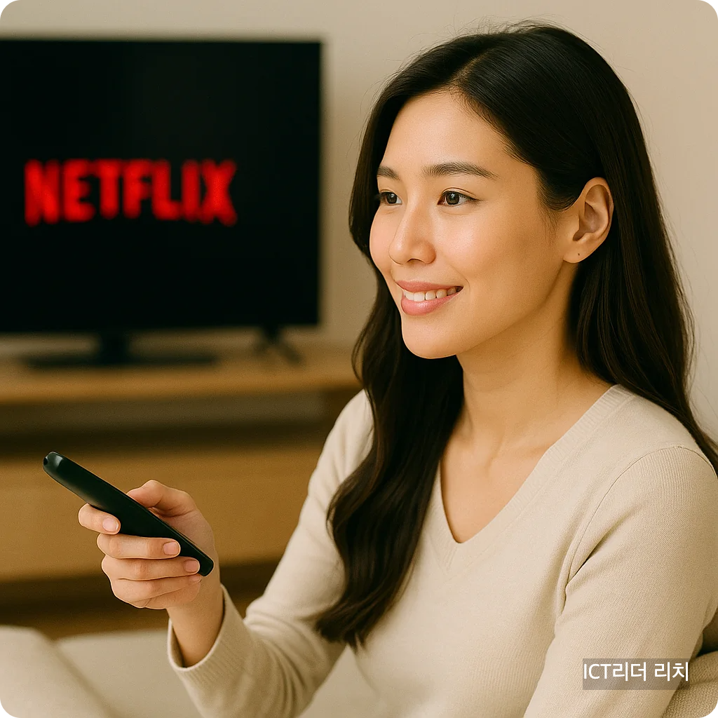 20대 여성이 리모컨을 들고 TV 앞에서 넷플릭스를 시청하는 자연스러운 모습, 대표 썸네일