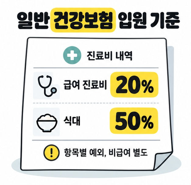 일반 건강보험 입원 기준의 급여 진료비 20%와 식대 50%를 진료비 내역서에 나눠 표시하고 항목별 예외와 비급여 별도를 안내하는 그림