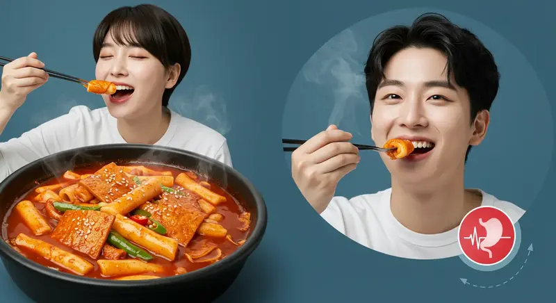 매콤하고 짭짤한 떡볶이를 즐기는 남녀와, 맵짠 음식 섭취 후 위장 건강에 유의해야 함을 나타내는 그림