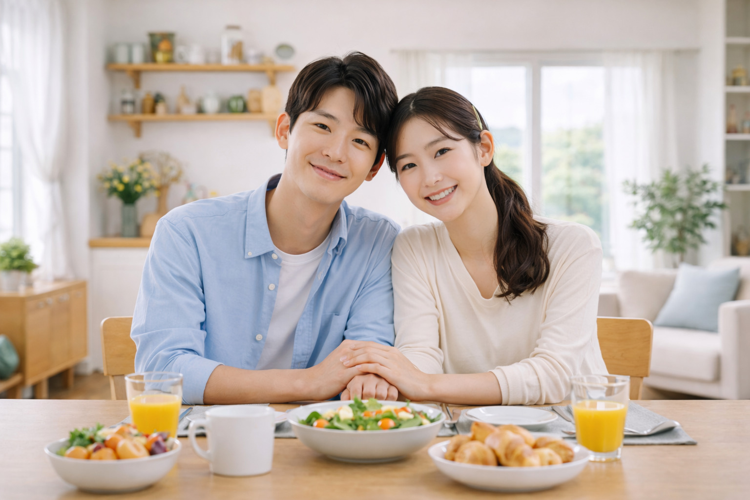 집 식탁에 다정하게 앉아 얼굴을 맞대고 미소 짓고 있는 젊은 부부의 따뜻한 모습