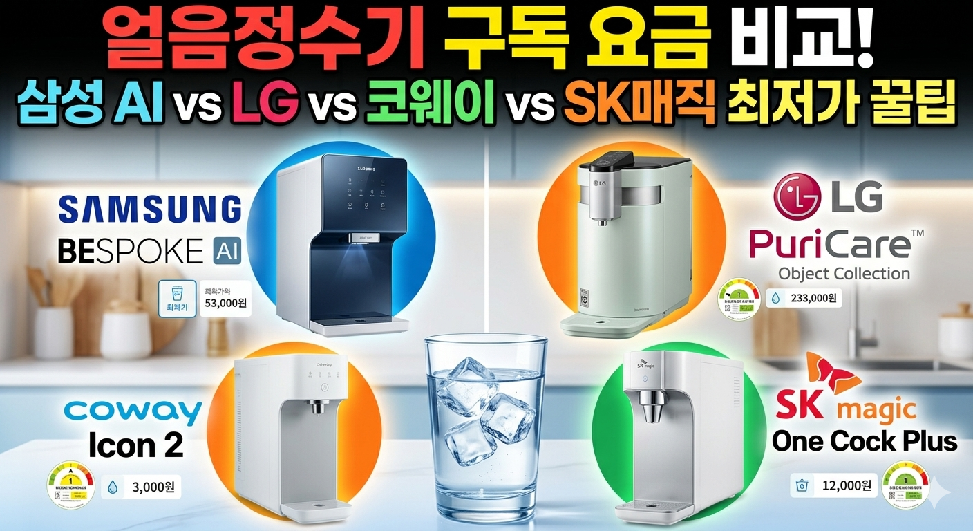깔끔하고 모던한 주방 인테리어에 고급스러운 삼성 비스포크 AI, LG 퓨리케어, 코웨이, SK매직 얼음정수기가 나란히 진열되어 있고 월 구독 요금과 최저가 혜택을 비교하는 자막이 들어간 이미지