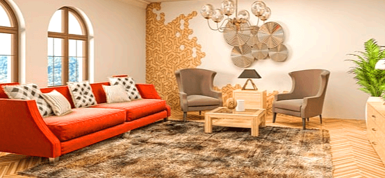 거실 풍경이다. 빨간 소파가 있고 회색의 1인용 소파 2개와 작은 나무 탁자도 있다.