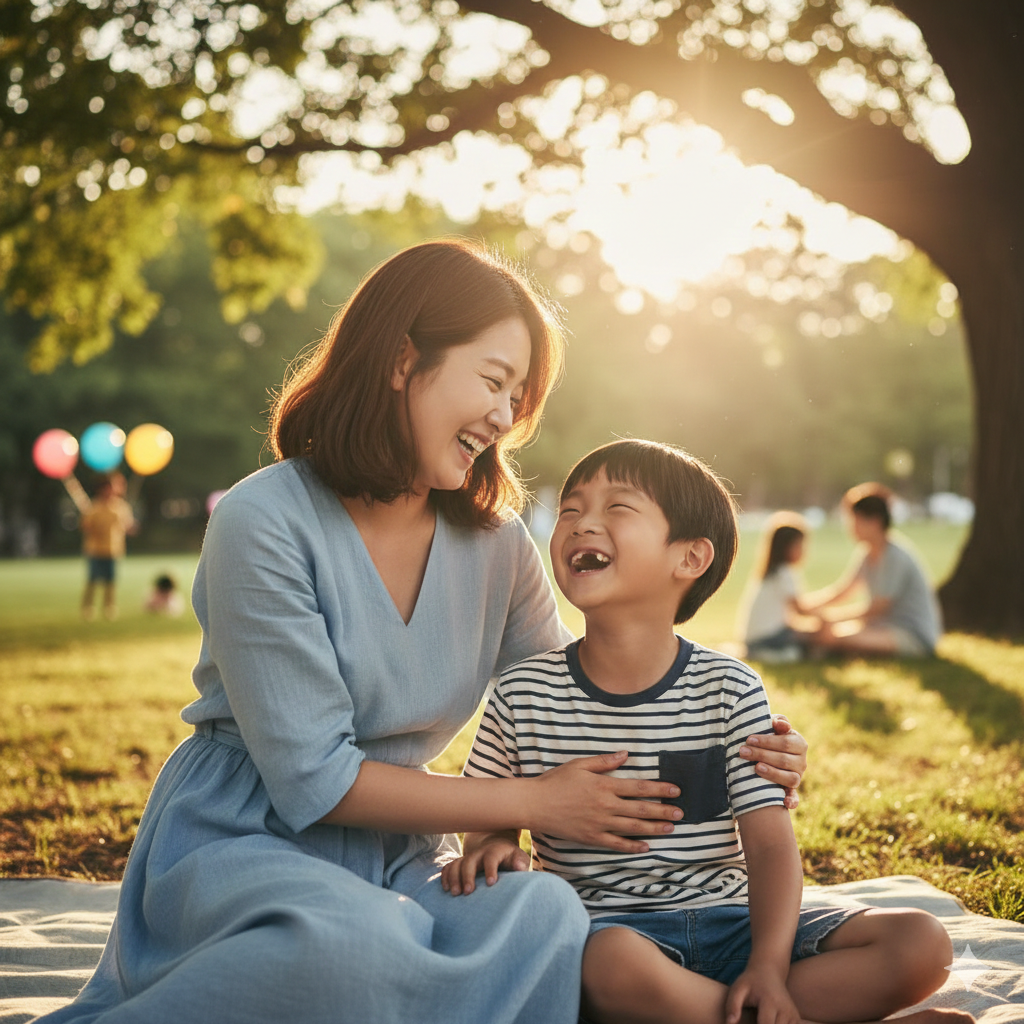 귀여운 아들과 행복한 엄마의 사진