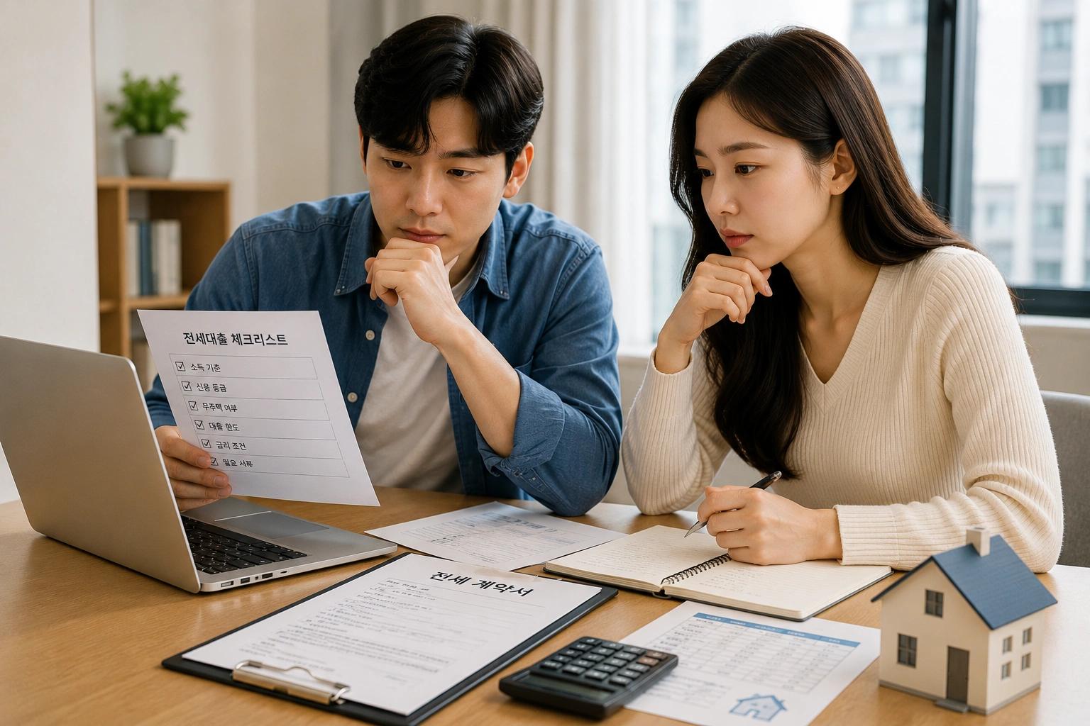 전세대출 신청 전 조건과 서류를 확인하는 청년 부부