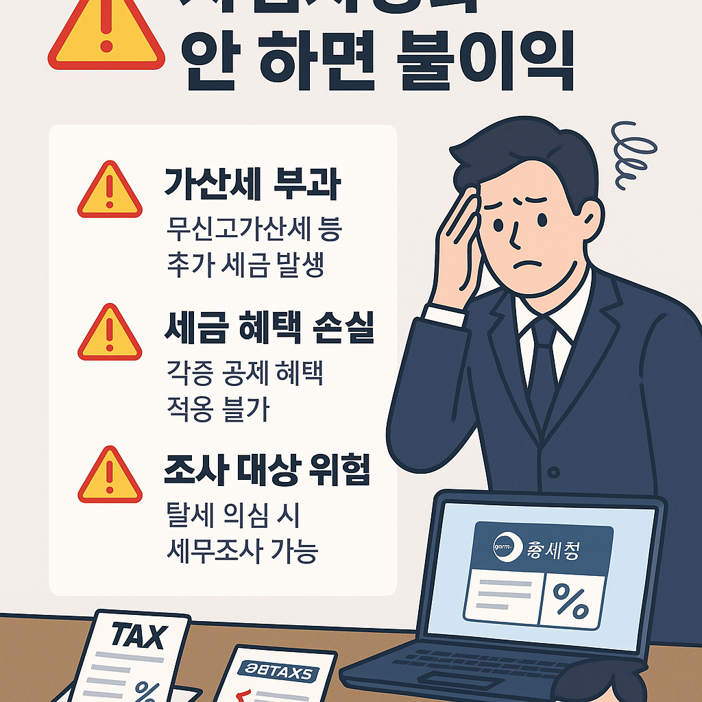 2025년 사업자등록 미이행 시 발생하는 세무상 불이익을 경고 아이콘과 함께 설명한 인포그래픽 – 가산세, 세금 혜택 손실, 세무조사 가능성 등 주요 항목 포함