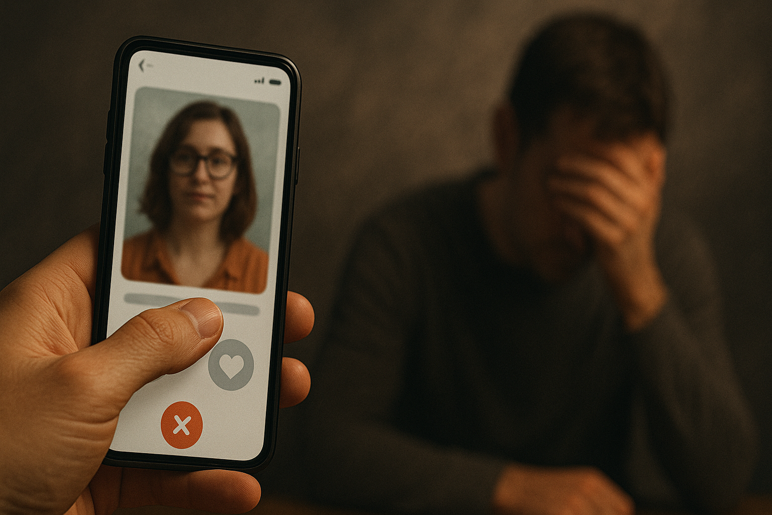 데이팅 어플을 사용하는 장면을 감정적으로 표현한 일러스트