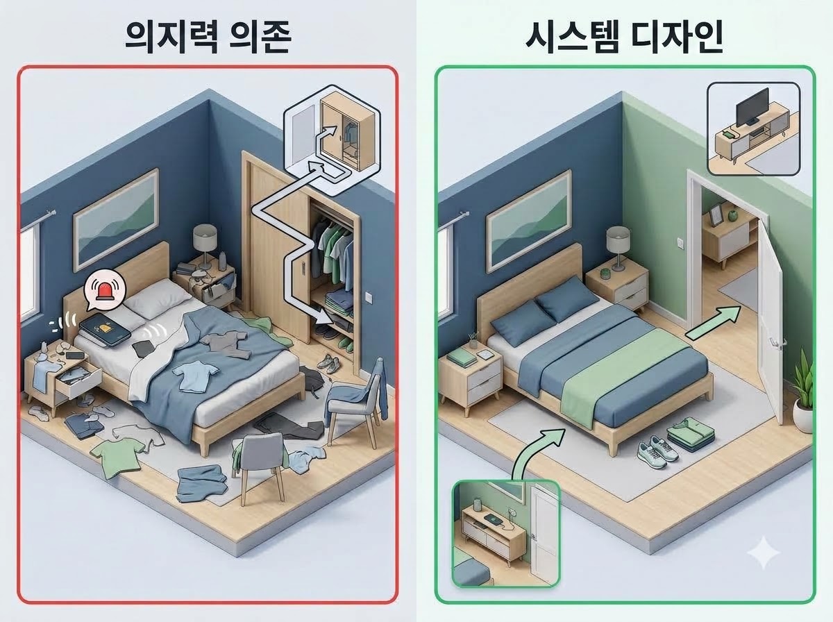 의지력에 의존하는 복잡한 방과 마찰력을 줄이기 위해 침대 바로 옆에 운동복을 미리 세팅해 둔 갓생 시스템 설계 비교 이미지