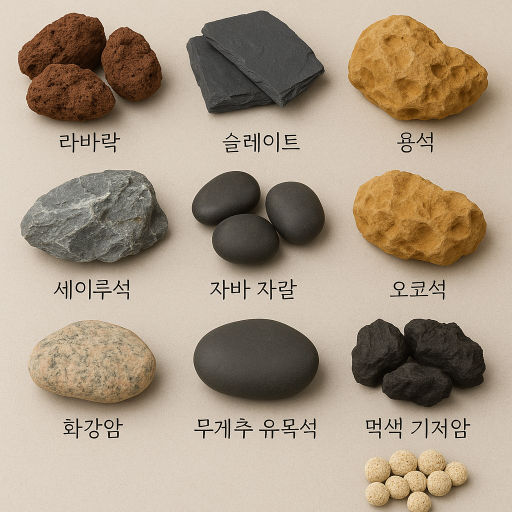 수조에 넣기 좋은 돌 TOP 10을 한눈에 보여주는 비교 이미지 – 용암석, 세이류석, 드래곤 스톤 등 안전한 돌들