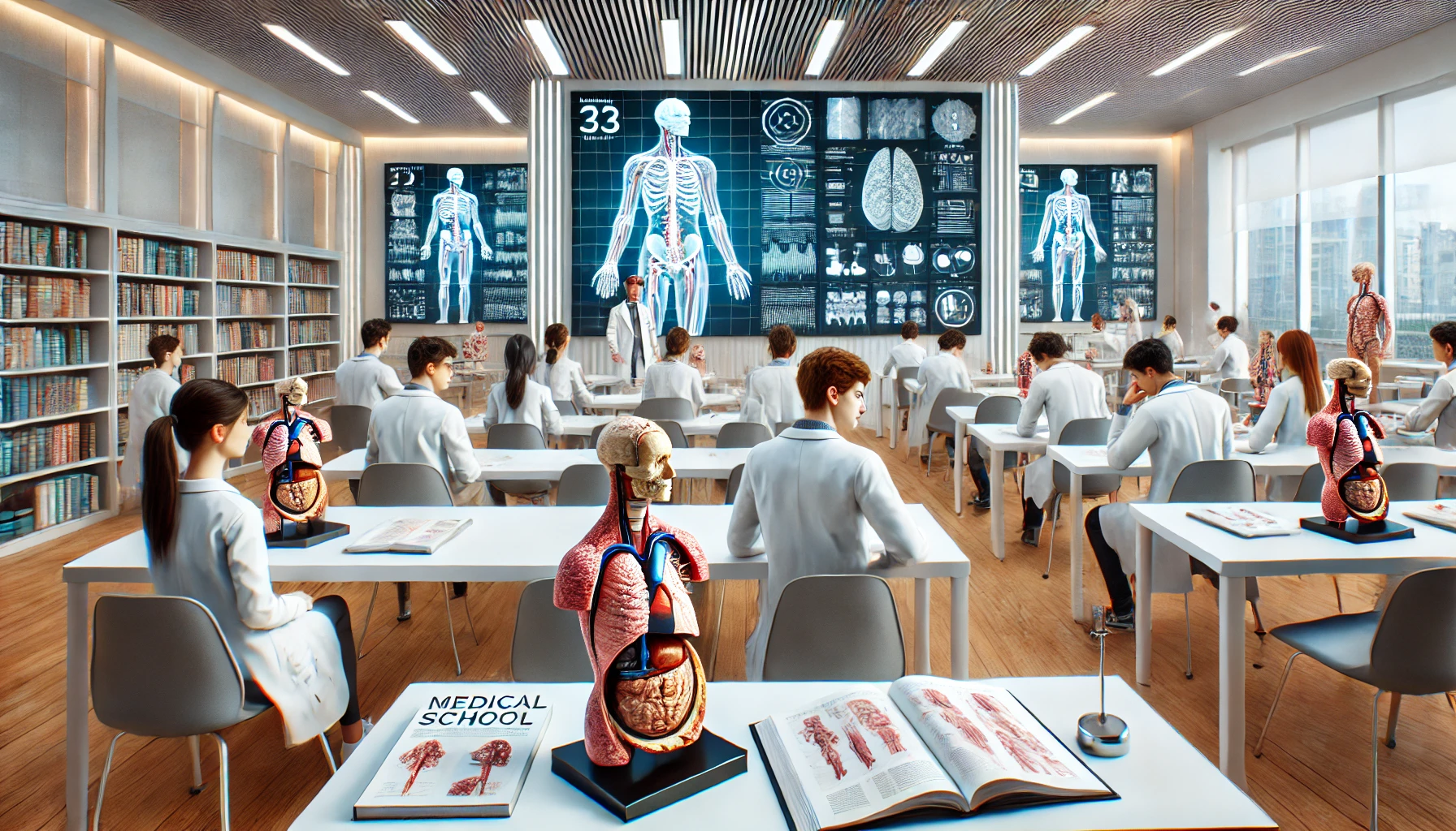 학생들이 의학 공부를 하는 현대적인 강의실의 모습을 담은 이미지