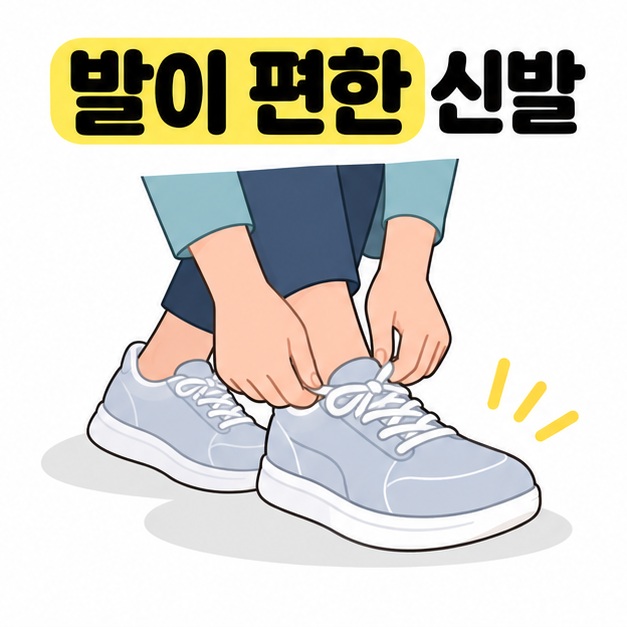 발이 편한 신발 문구 아래 둥근 앞코의 운동화를 신고 손으로 끈을 조절하는 그림