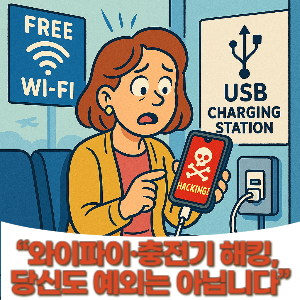 공항 대기석에서 USB 충전 중 해킹 경고를 받은 스마트폰을 들고 놀란 중년 여성