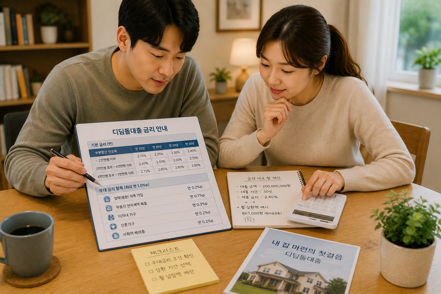 신혼부부가 디딤돌대출 금리와 우대금리 적용 조건을 비교하며 월 상환 부담을 계산하는 모습