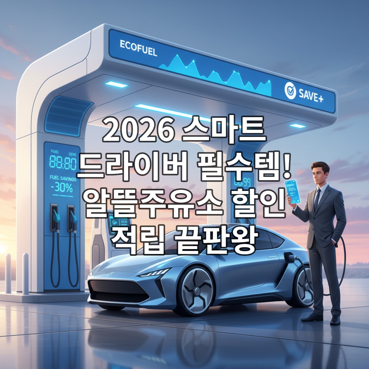 2026년 알뜰주유소에서 스마트폰 앱으로 주유 할인을 확인하며 주유하는 운전자의 모습. 최첨단 주유소와 스마트폰이 결합된 유류비 절약 장면.