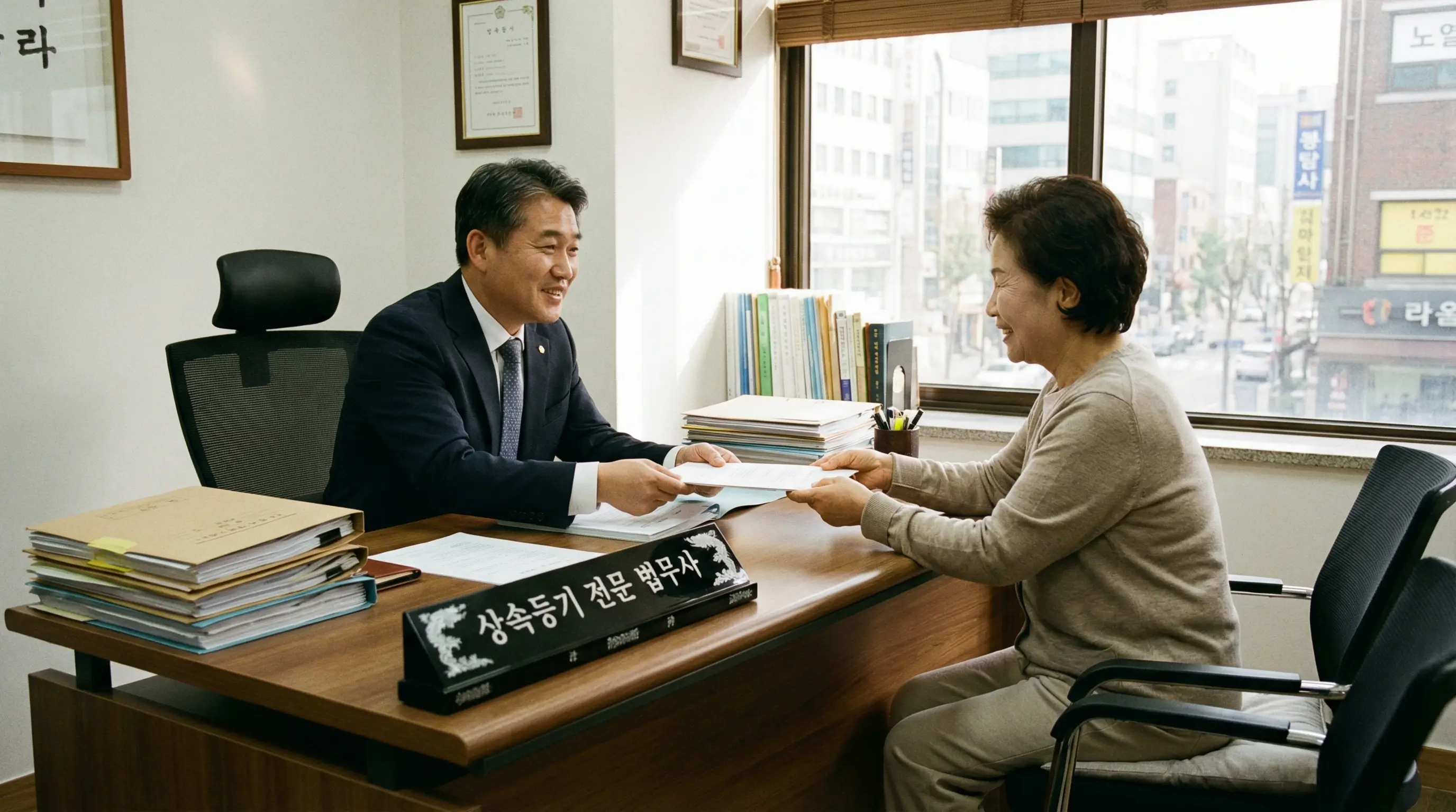 법무사 사무실에서 한국인 의뢰인이 상속등기 서류를 전달하며 전문가와 상담하는 신뢰감 있는 분위기