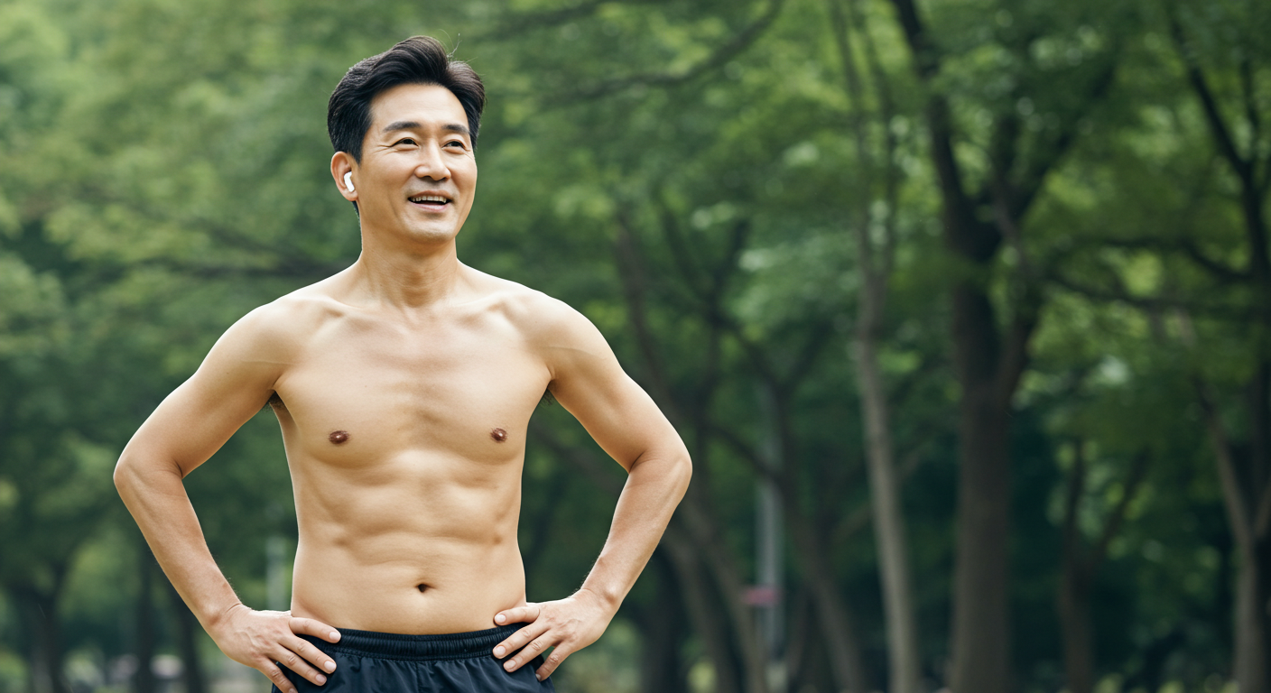 간헐적 단식으로 활력과 건강을 되찾아 활기찬 모습으로 운동하는 중년 한국인 남성.