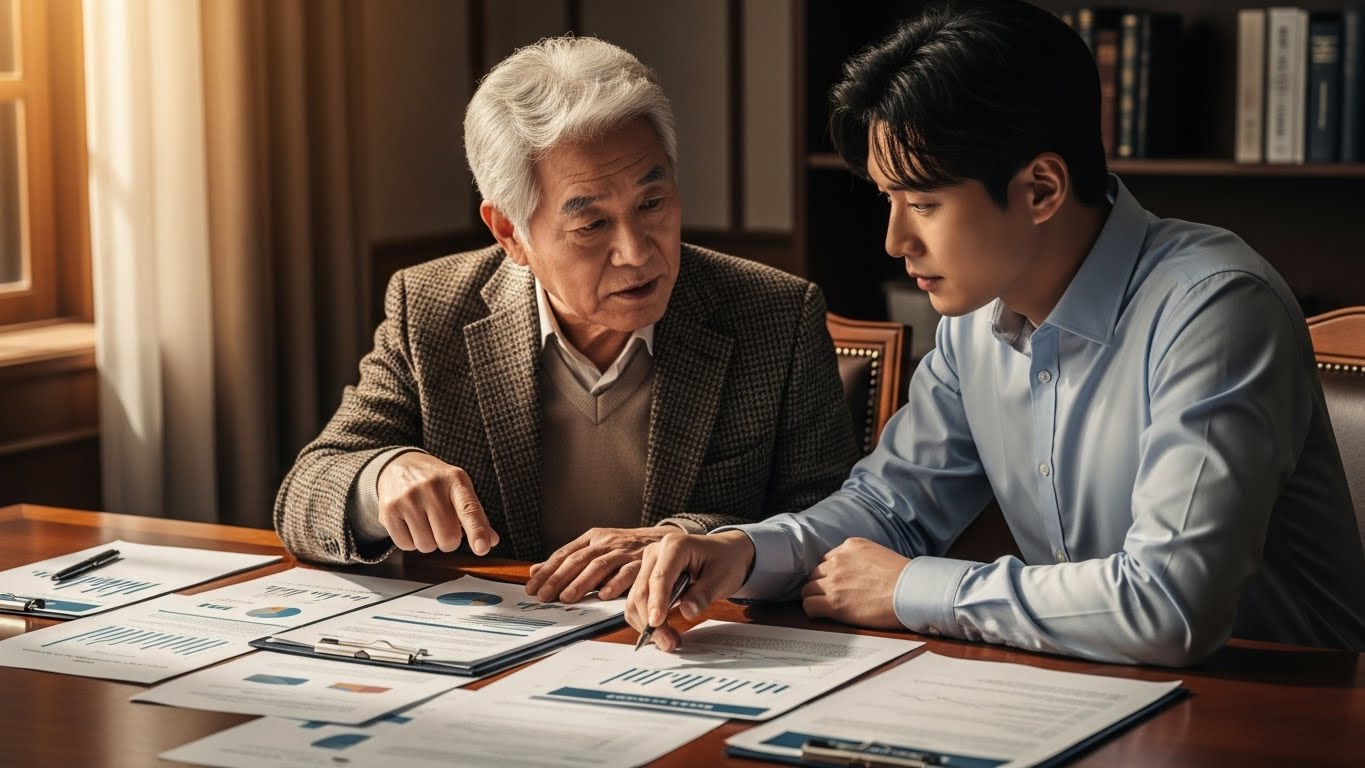 미래의 자산 이전을 논의하며 서류를 검토하는 한국인 아버지와 아들의 모습