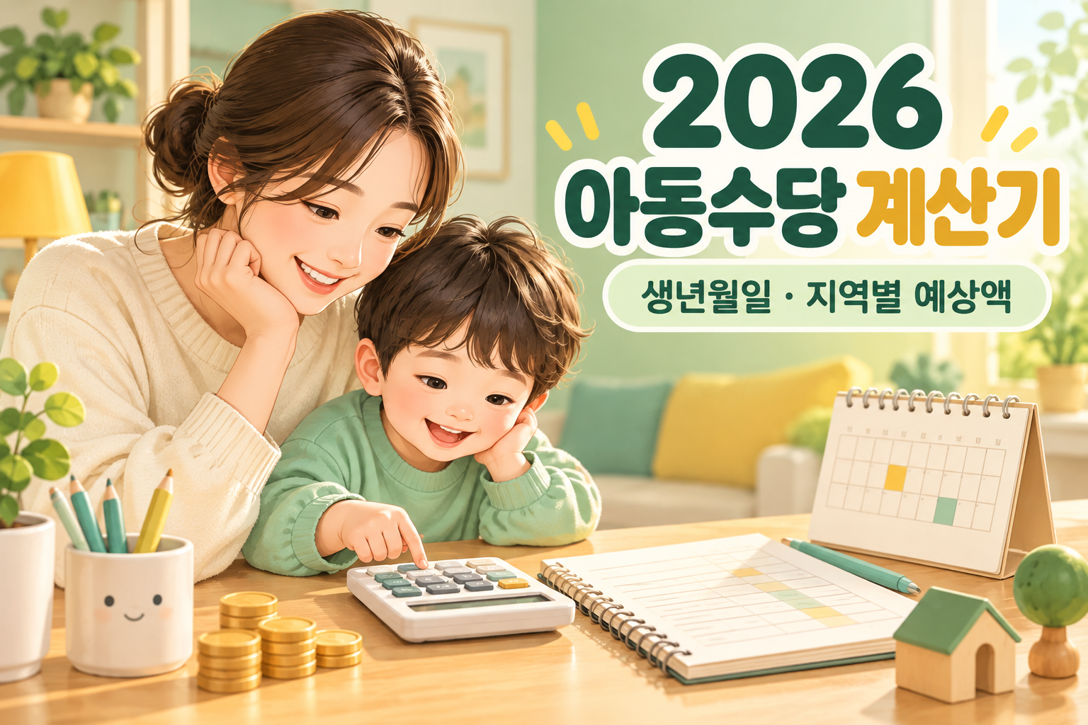 2026 아동수당 총수령액 계산기 - 생년월일·지역별 월 지급액 계산