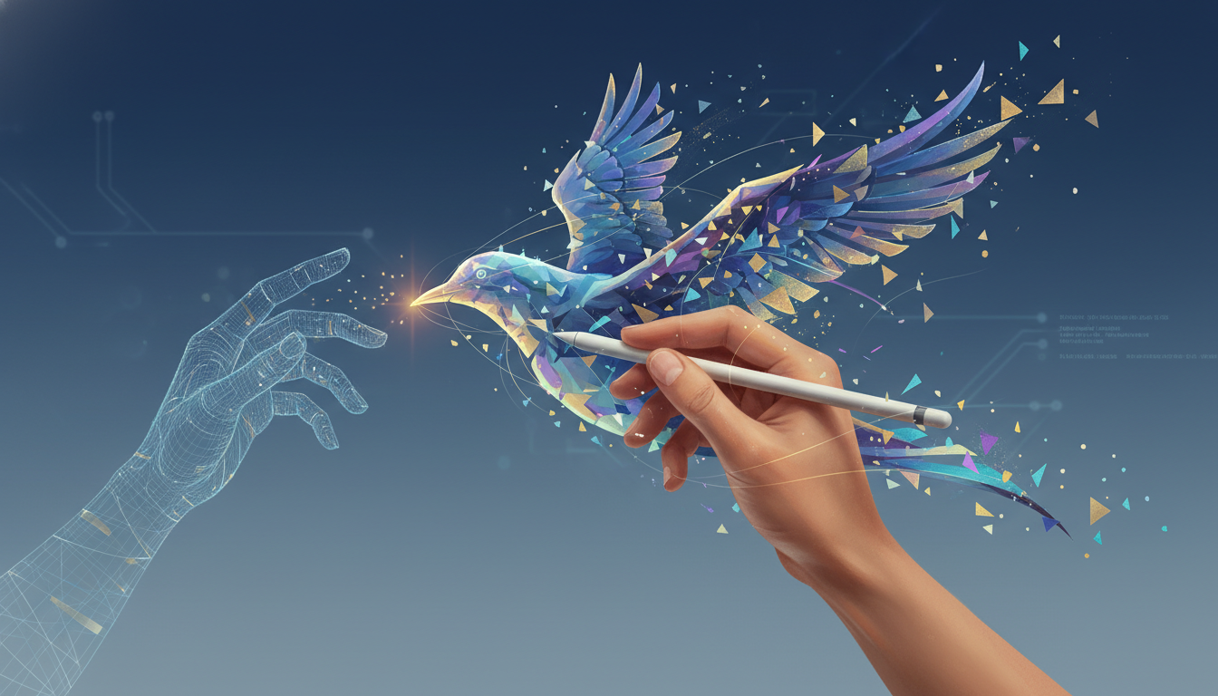 인간의 손이 AI가 생성한 파편화된 디지털 요소를 섬세하게 다듬어 고품질 예술 작품을 만드는 모습.