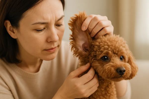 보호자가 반려견의 귀 안쪽을 부드럽게 들어 올려 상태를 확인하는 모습