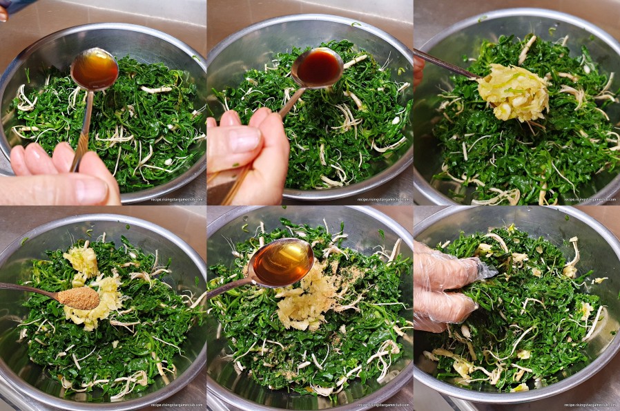 냉이 무침을 무치기 위해서 매실액 1T, 간장 1T, 다진마늘 큰 1T, 다시다 1Ts, 참기름 1T를 넣고 조물 조물 고루 섞어 가면서 무치는 사진