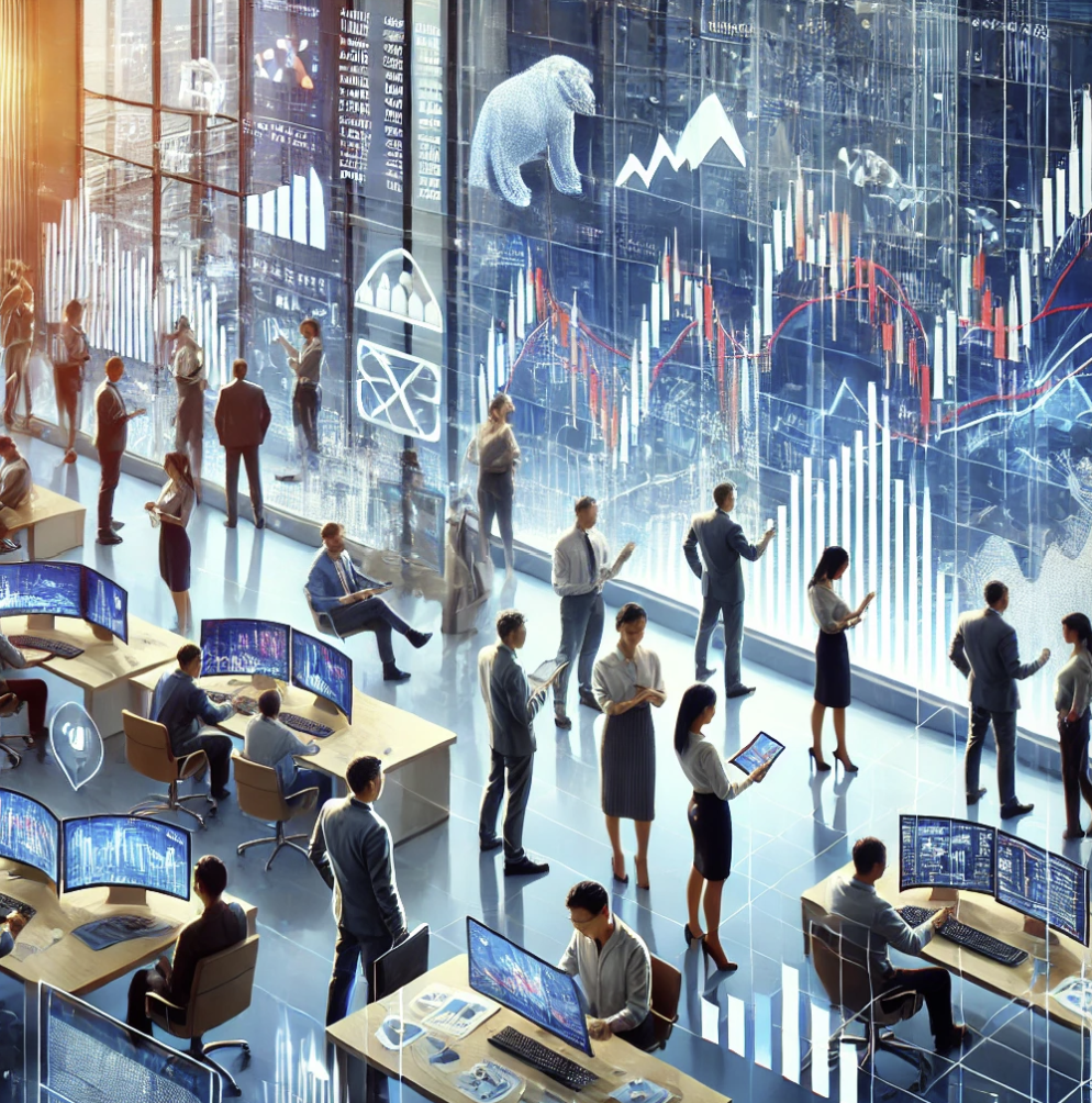 다양한 사람들이 주식 시장에서 차트를 분석하며 투자 전략을 논의하는 모습.