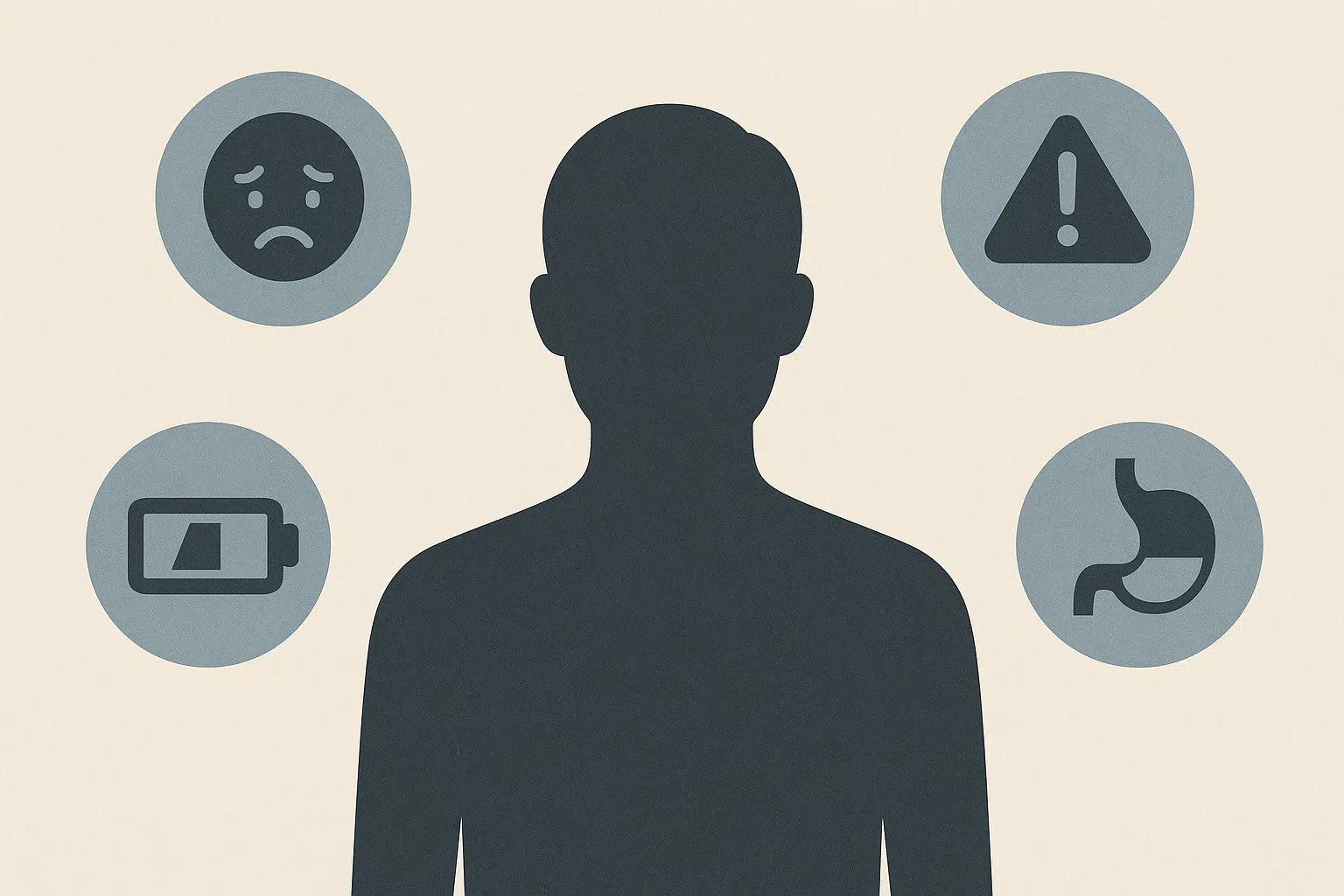 사람의 실루엣 주변에 우울, 불안, 피로, 위장 증상 아이콘
