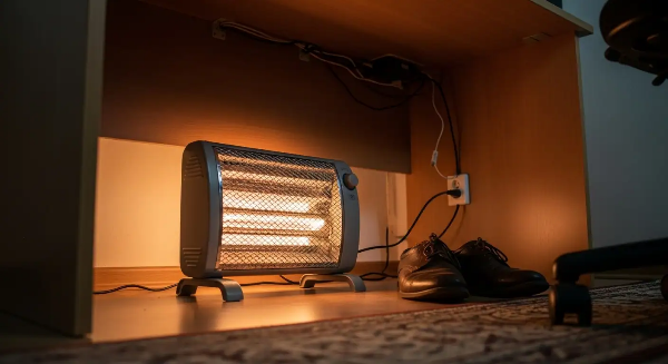 사무실 책상 밑에 전기난로가 켜져 있음