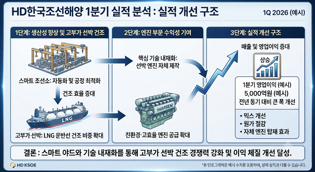 HD한국조선해양의 영업이익과 생산성&middot;LNG선&middot;엔진 사업 개선을 보여주는 실적 분석 이미지
