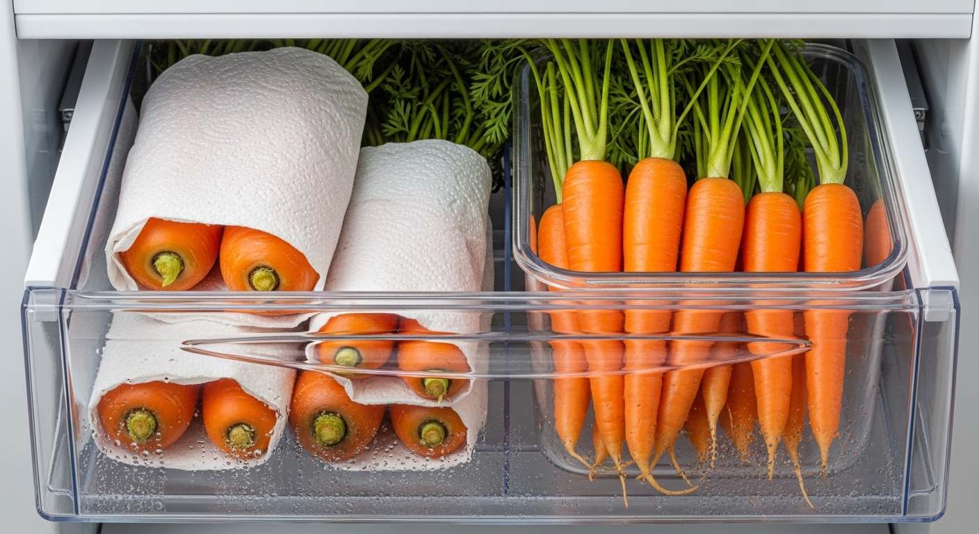 신선한 당근을 냉장고 야채 칸에 올바르게 보관하는 모습, 신선도를 유지하는 방법 시각화.