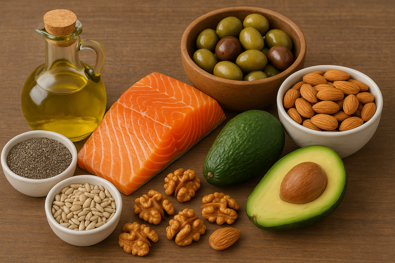 올리브오일, 연어, 아몬드, 아보카도, 견과류가 함께 놓인 불포화지방 식품 이미지