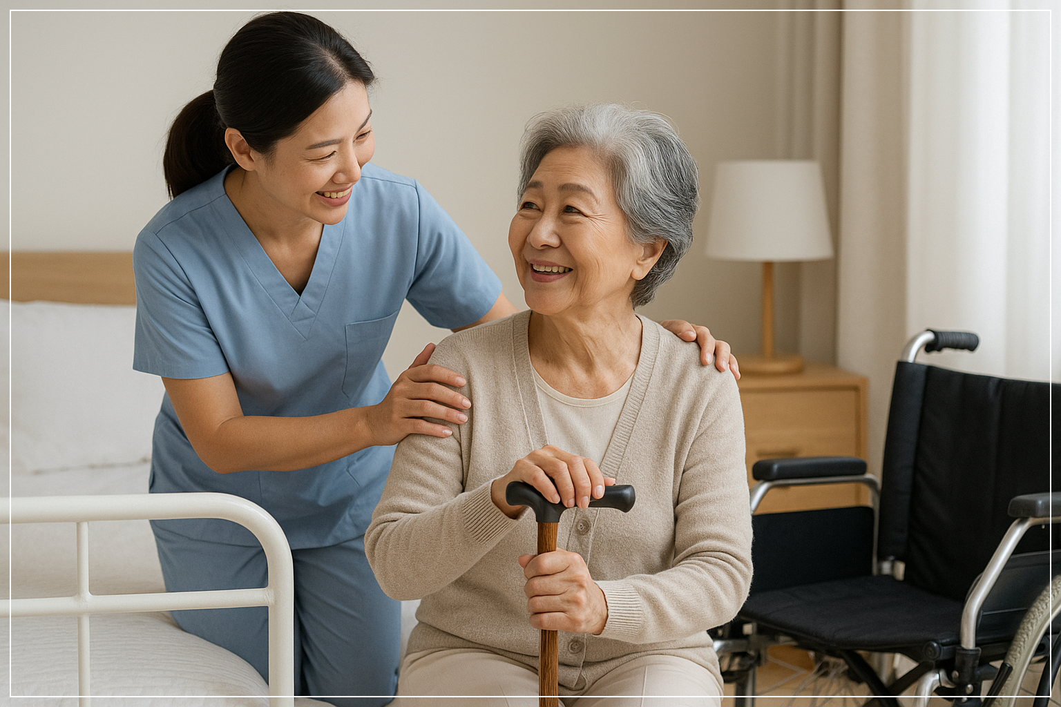 요양보호사가 어르신 가정을 방문해 미소를 나누며 돌봄 서비스를 제공하는 장면.