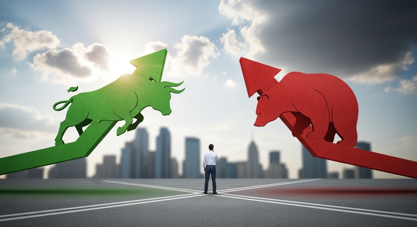 Image of a crossroads with rising (Bull) and falling (Bear) stock arrows intersecting, showing an investor contemplating.