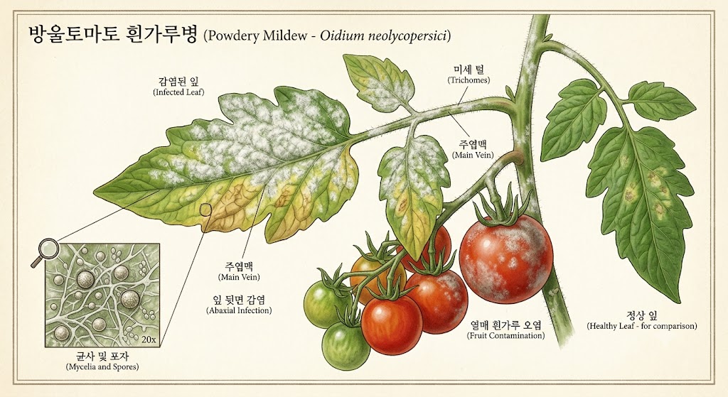 잎을 질식시키는 방울토마토 흰가루병