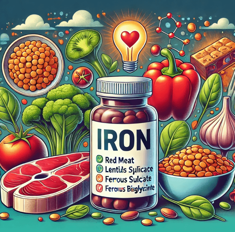 붉은 고기 , 렌틸콩 , 시금치 , 강화 시리얼 등 철분이 풍부한 식품과 철분 보충제 한 병을 강조한 그림