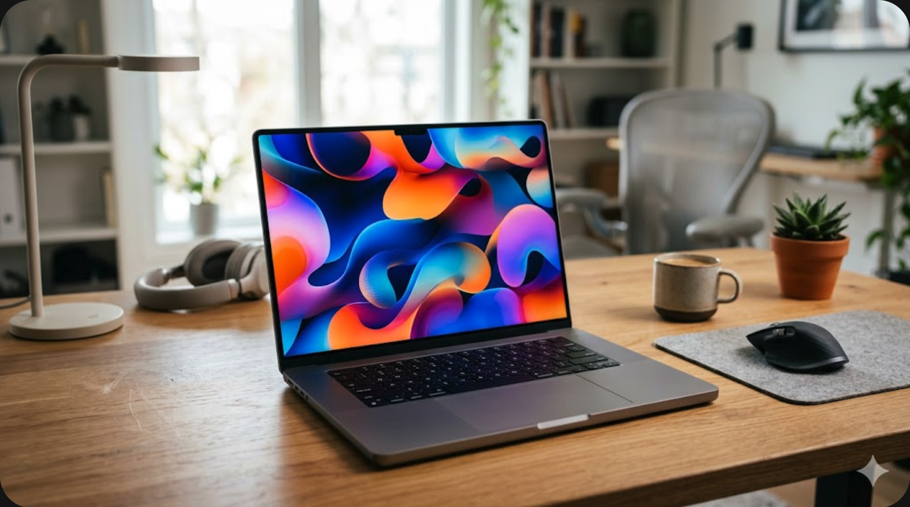 세련된 디자인의 ASUS 젠북 A16 노트북이 OLED 화면을 밝히고 있는 모습
