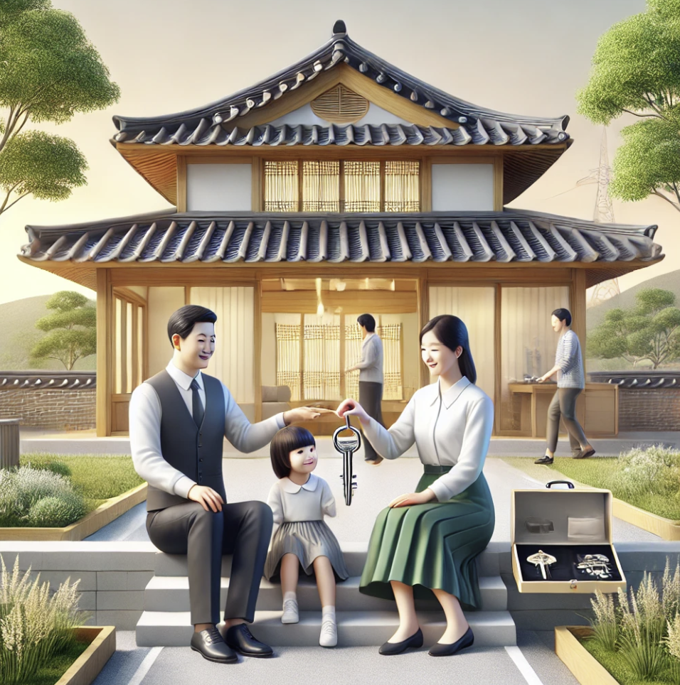부모가 자녀에게 집 열쇠를 전달하며 재산을 증여하는 가족의 모습.