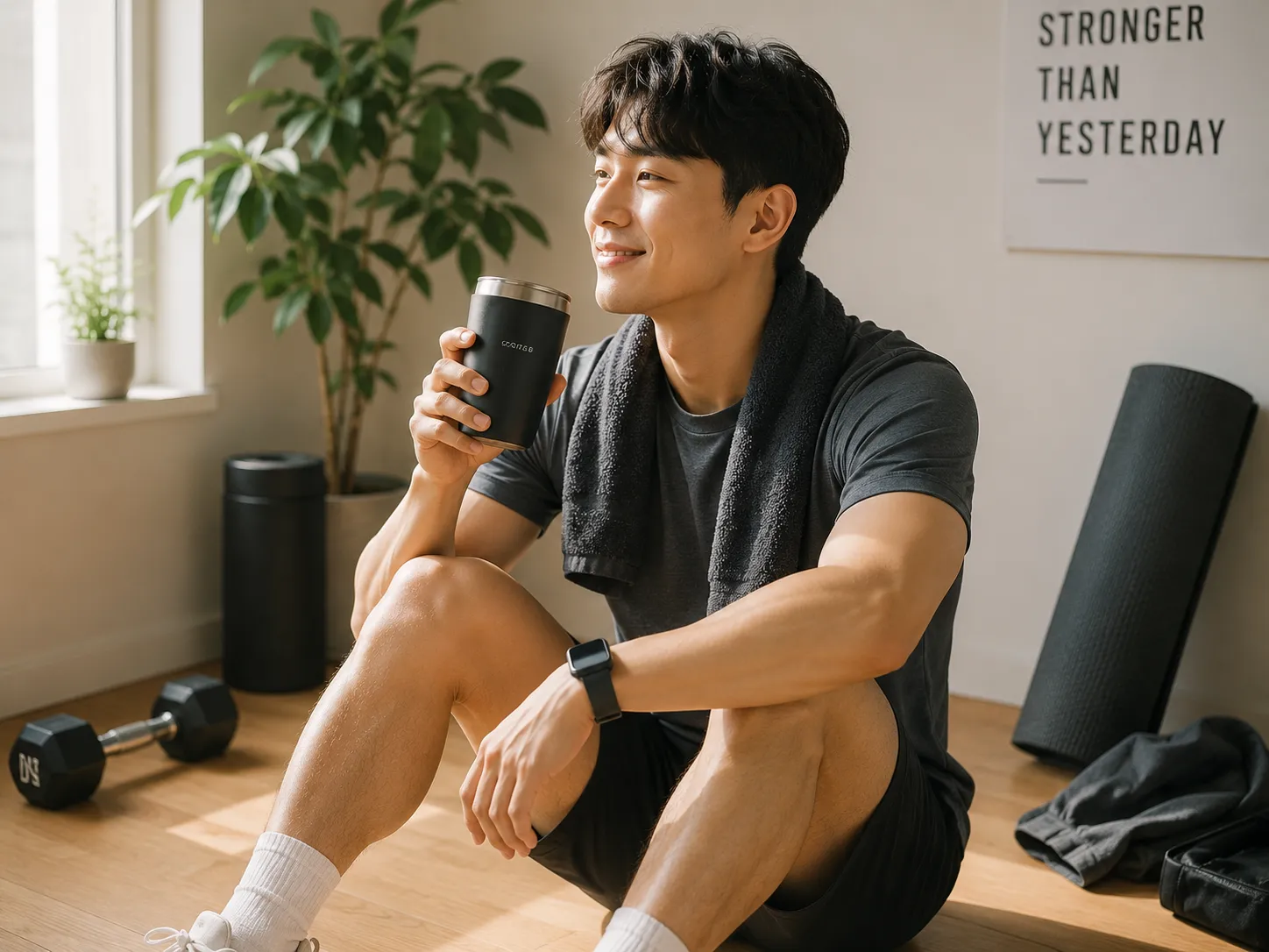 운동을 마치고 커피 한 잔을 손에 든 사람의 모습